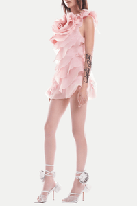 Shelyn Flower One Shoulder Fırfırlı Mini Elbise - Pembe - Phentora