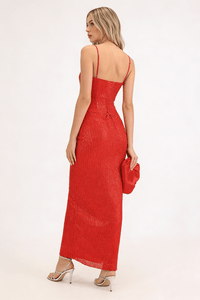 Payetli Drapeli Yırtmaçlı Abiye Elbise - Kırmızı - Phentora