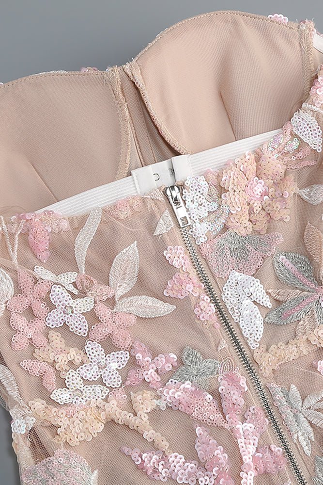 Çiçek Payet İşlemeli Tül Elbise - Pembe - Phentora