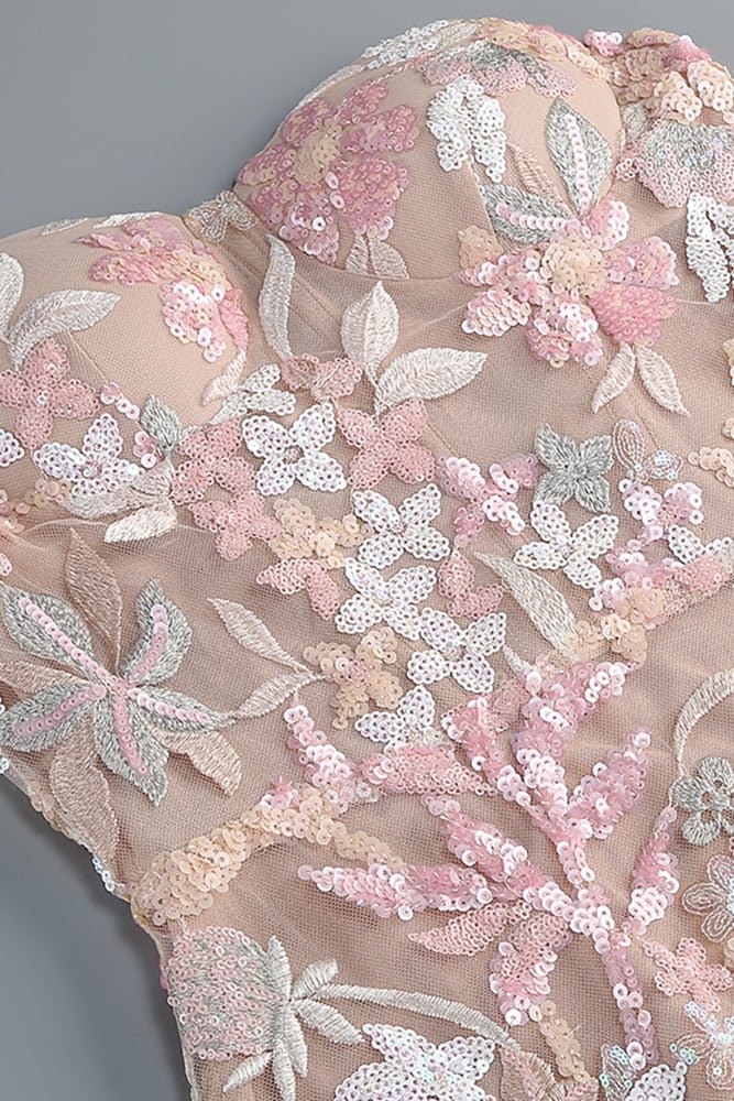 Çiçek Payet İşlemeli Tül Elbise - Pembe - Phentora