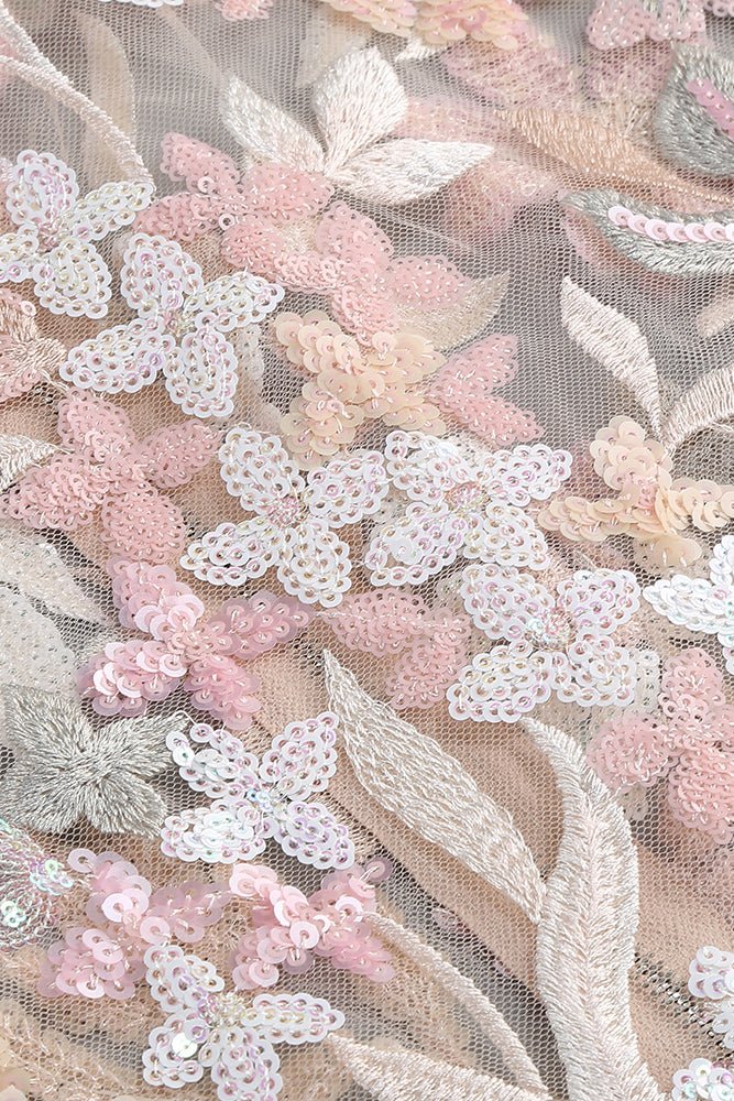 Çiçek Payet İşlemeli Tül Elbise - Pembe - Phentora