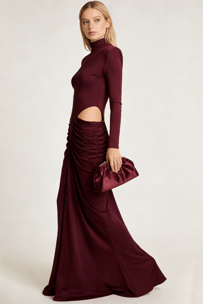 Kollu Pencere Detaylı Elbise - Bordo - Phentora