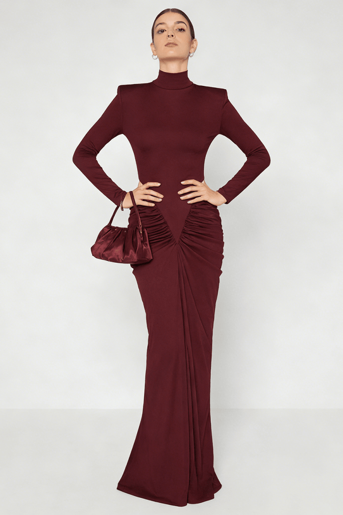 Kollu Pencere Detaylı Elbise - Bordo - Phentora