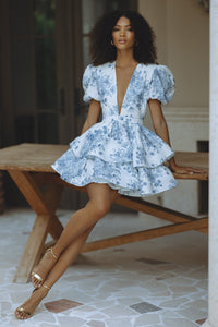 AUBRINA Keten Mini Elbise - INDIGO BLOOM - Phentora