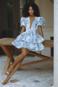 AUBRINA Keten Mini Elbise - INDIGO BLOOM - Phentora