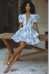 AUBRINA Keten Mini Elbise - INDIGO BLOOM - Phentora