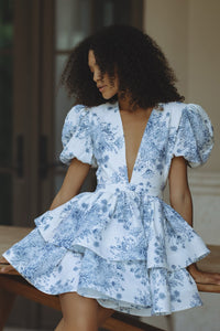 AUBRINA Keten Mini Elbise - INDIGO BLOOM - Phentora