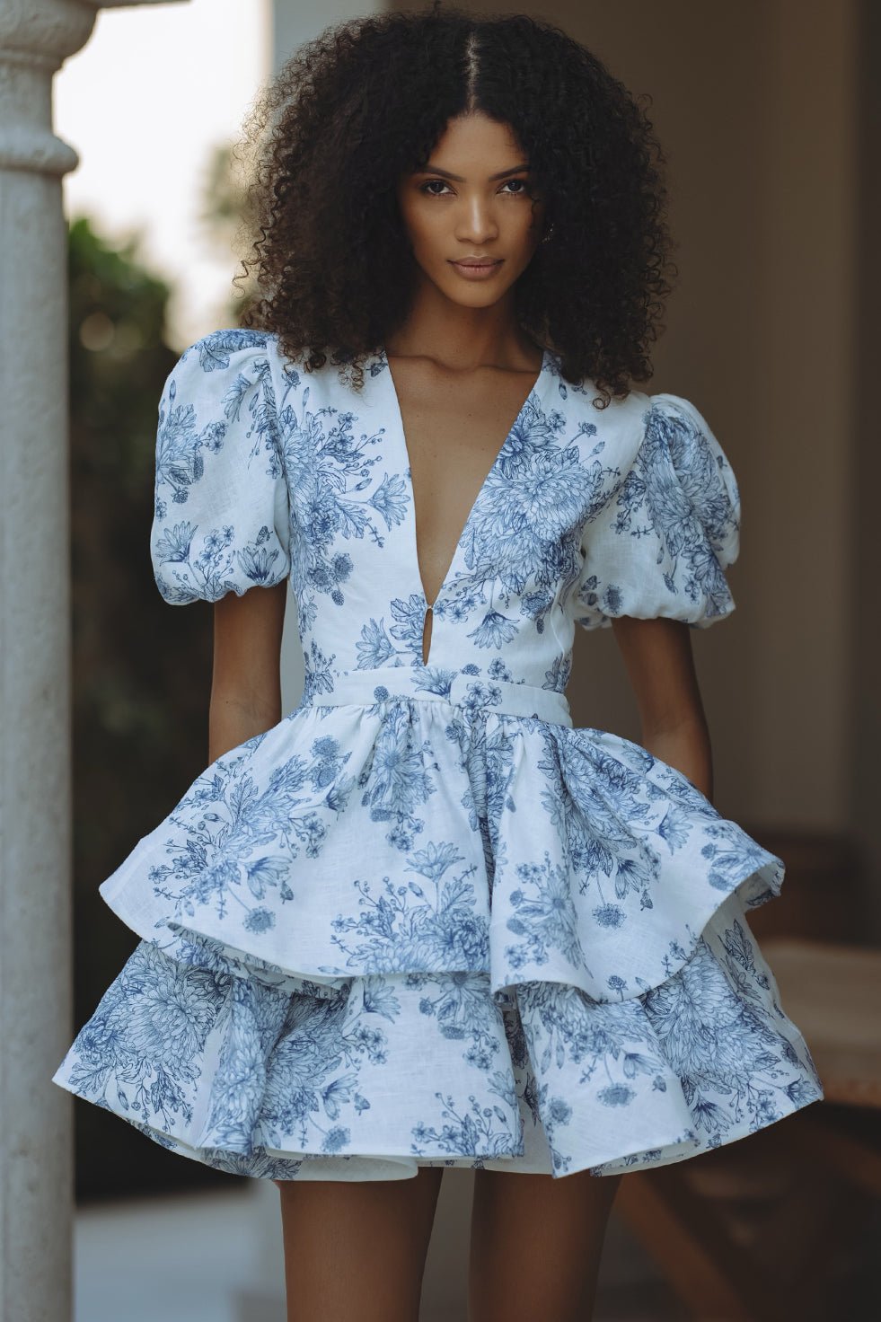 AUBRINA Keten Mini Elbise - INDIGO BLOOM - Phentora