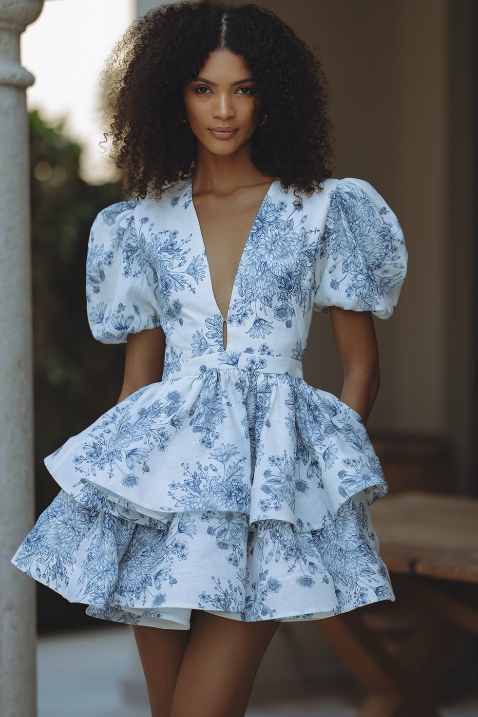 AUBRINA Keten Mini Elbise - INDIGO BLOOM - Phentora