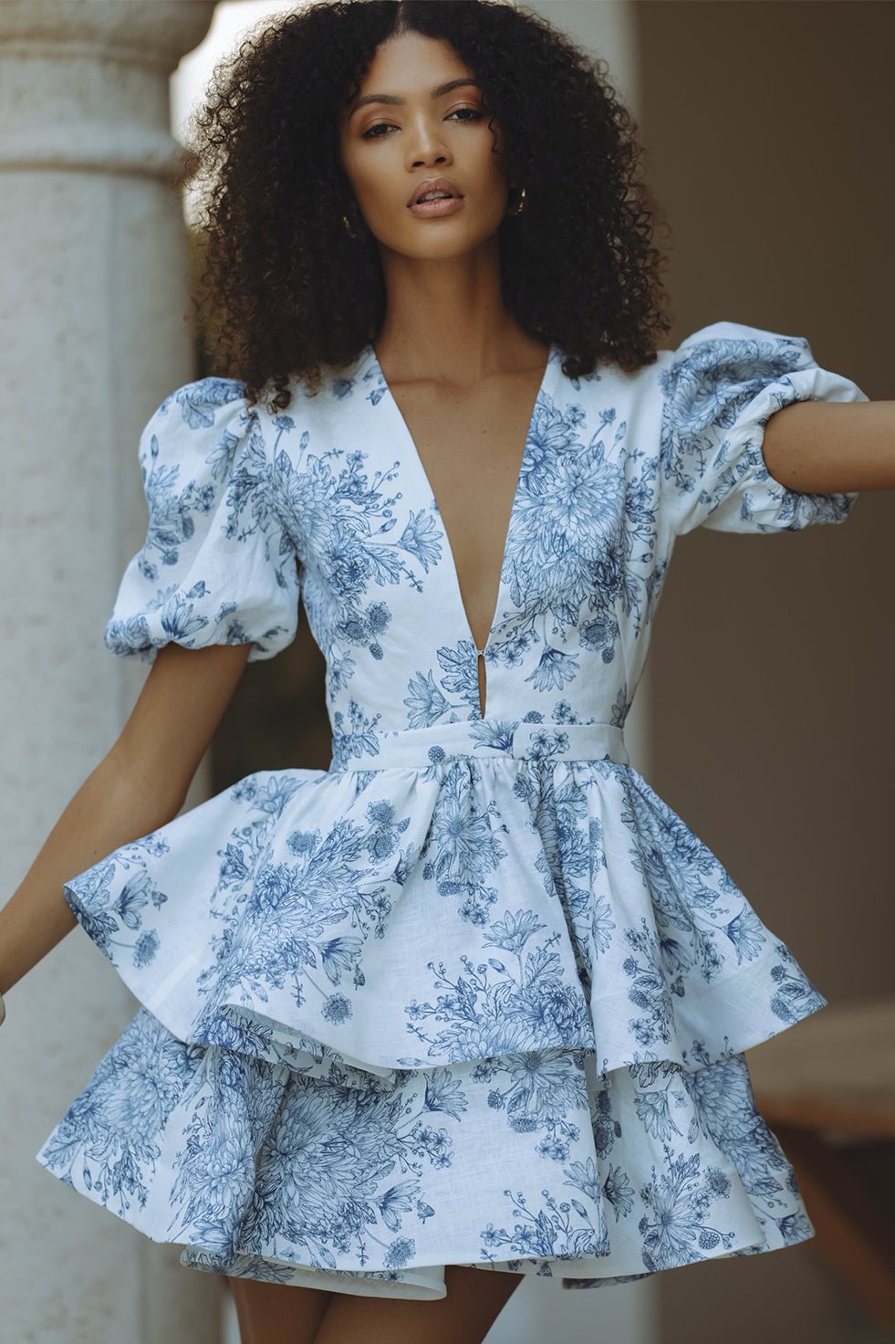 AUBRINA Keten Mini Elbise - INDIGO BLOOM - Phentora