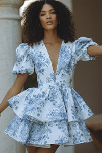 AUBRINA Keten Mini Elbise - INDIGO BLOOM - Phentora