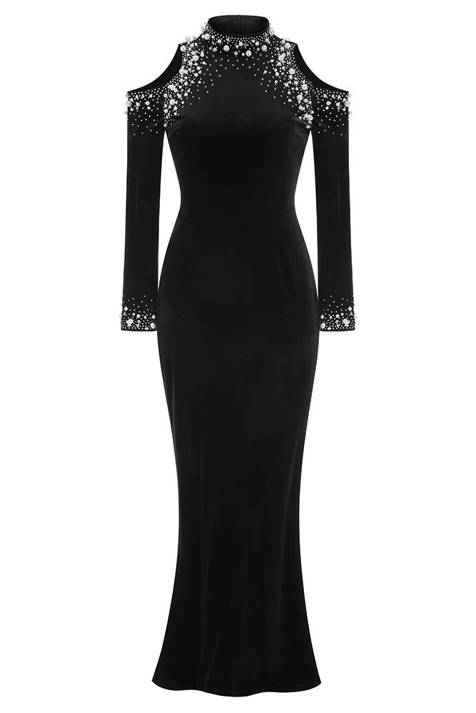 Taş Detaylı Kadife Uzun Elbise - Phentora