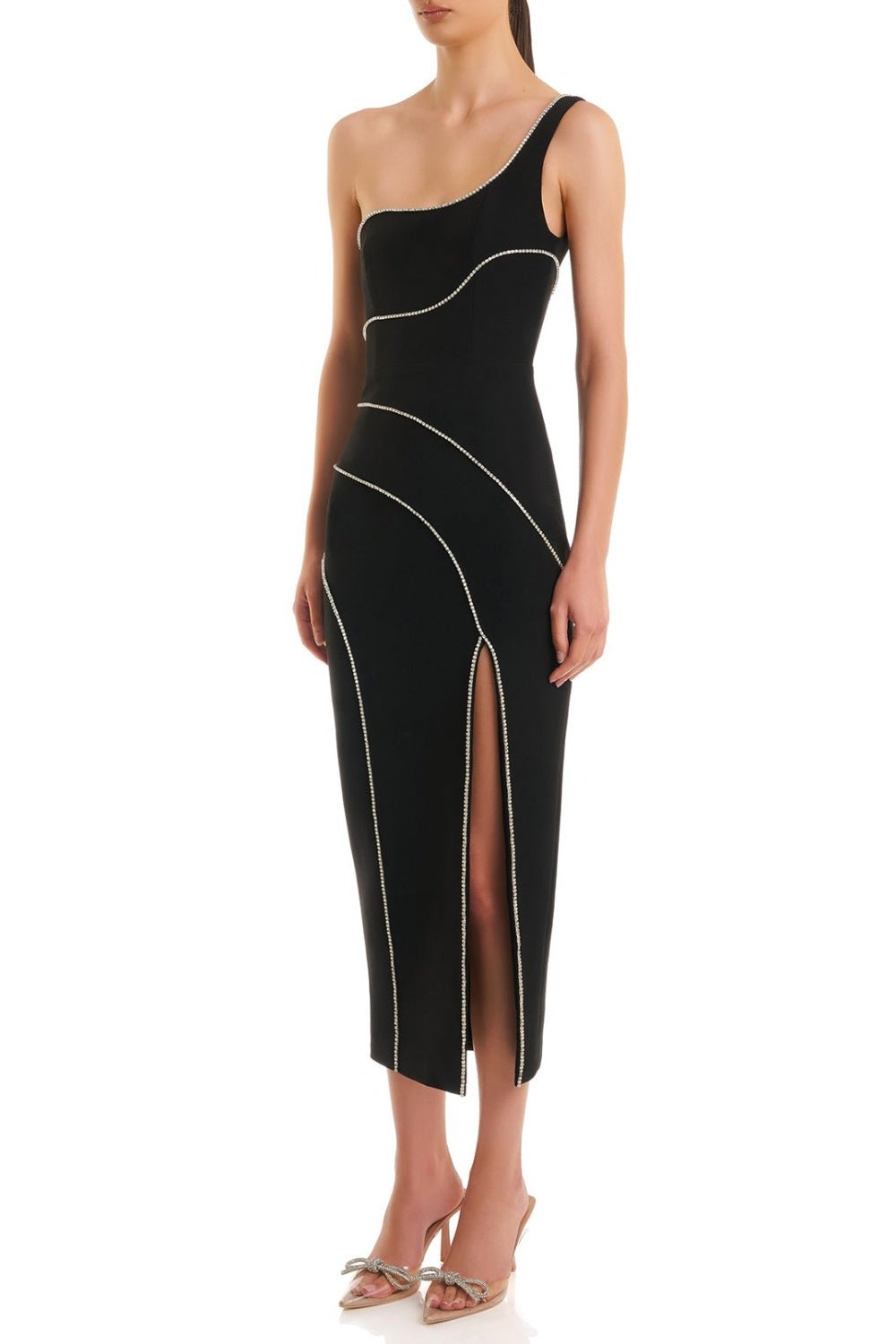 Zoraida Diamante One Shoulder Yırtmaçlı Midi Bandage Elbise - Phentora