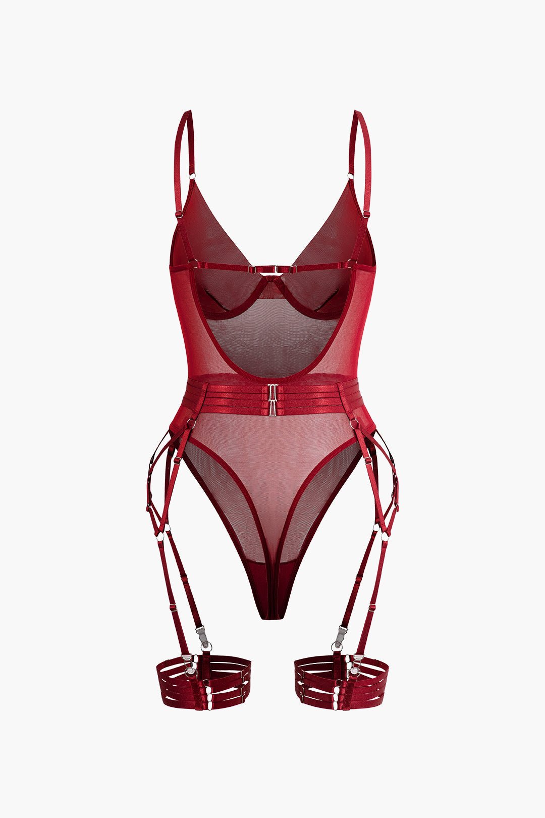 Şeffaf Tül Kemerli Sırt Dekolteli Bodysuit Eldivenli - Phentora