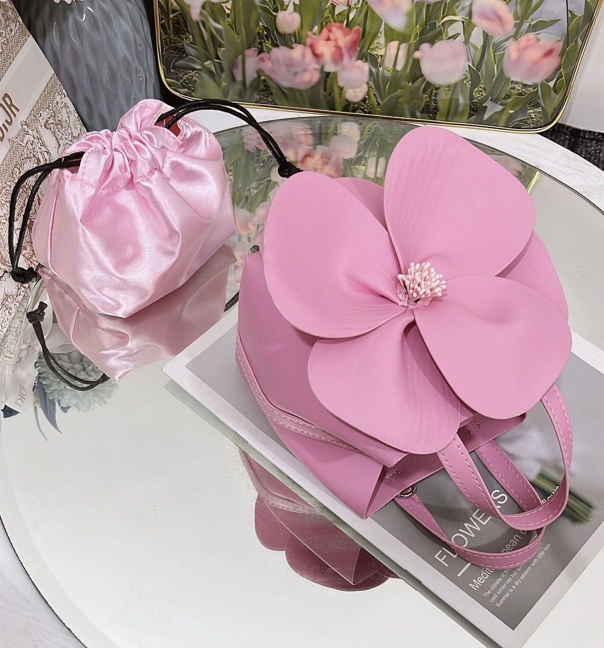 Şık 3D Petal Çiçek Düz Renk Yaka Çanta - Phentora