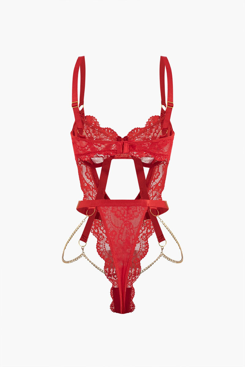 Metalik Zincir Detaylı Dekolteli Büstiyer Bodysuit - Phentora
