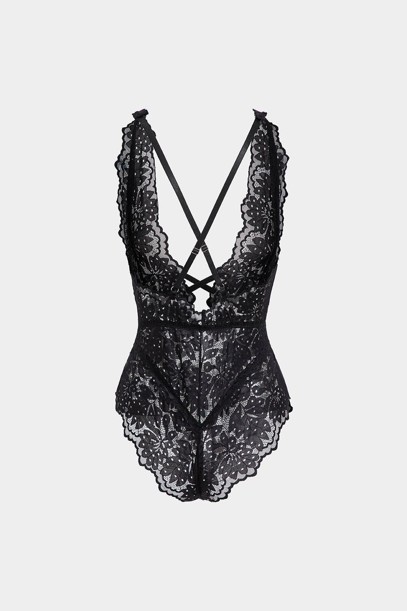 Dantel Kesik Detaylı Bağlama Önü ve Sırt Açık Bodysuit - Phentora