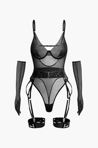 Şeffaf Tül Kemerli Sırt Dekolteli Bodysuit Eldivenli - Phentora