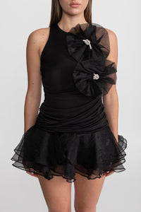 Tül Aplikeli Fırfırlı Mini Elbise - Phentora