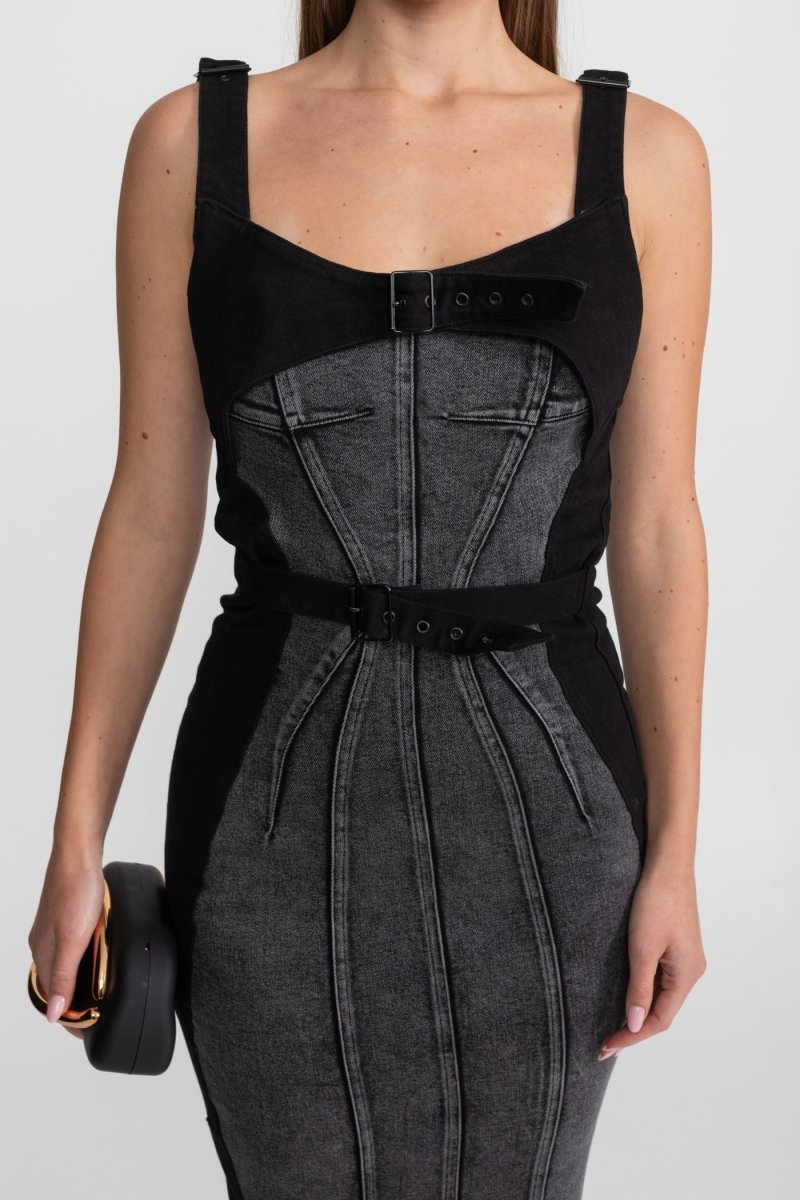 Tokalı Kemerli Panelli Denim Midi Elbise - Phentora