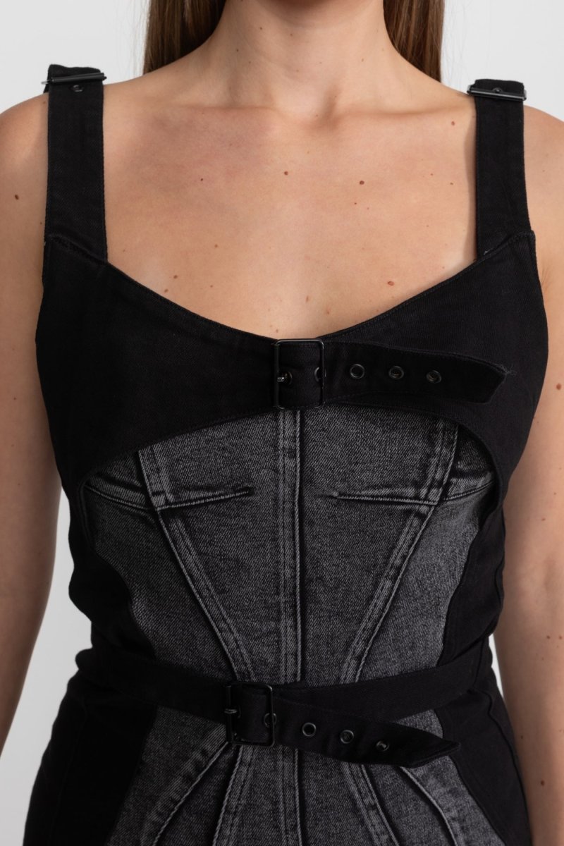 Tokalı Kemerli Panelli Denim Midi Elbise - Phentora