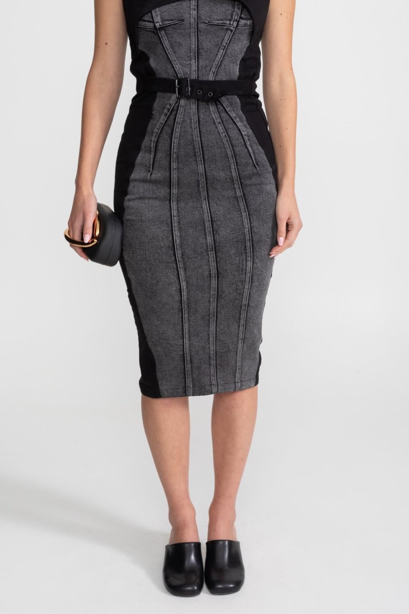 Tokalı Kemerli Panelli Denim Midi Elbise - Phentora