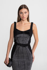 Tokalı Kemerli Panelli Denim Midi Elbise - Phentora
