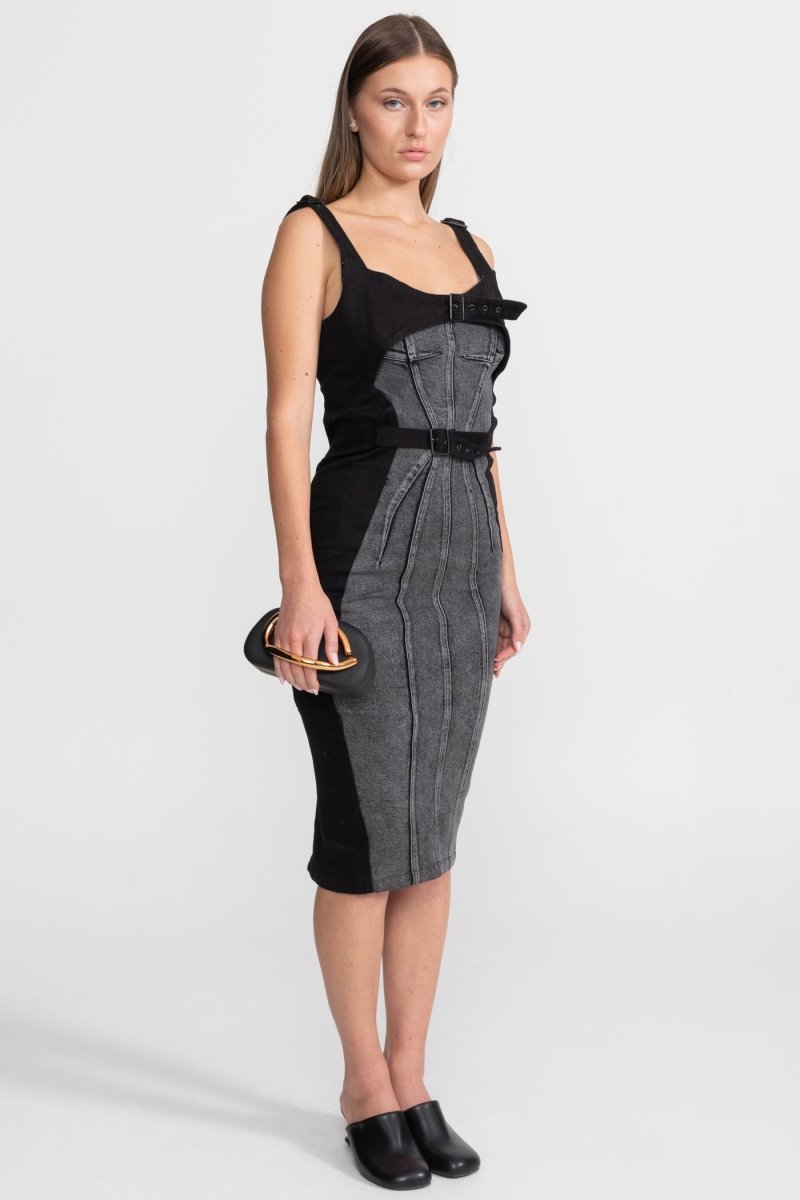 Tokalı Kemerli Panelli Denim Midi Elbise - Phentora