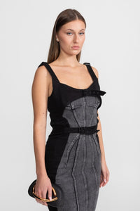 Tokalı Kemerli Panelli Denim Midi Elbise - Phentora