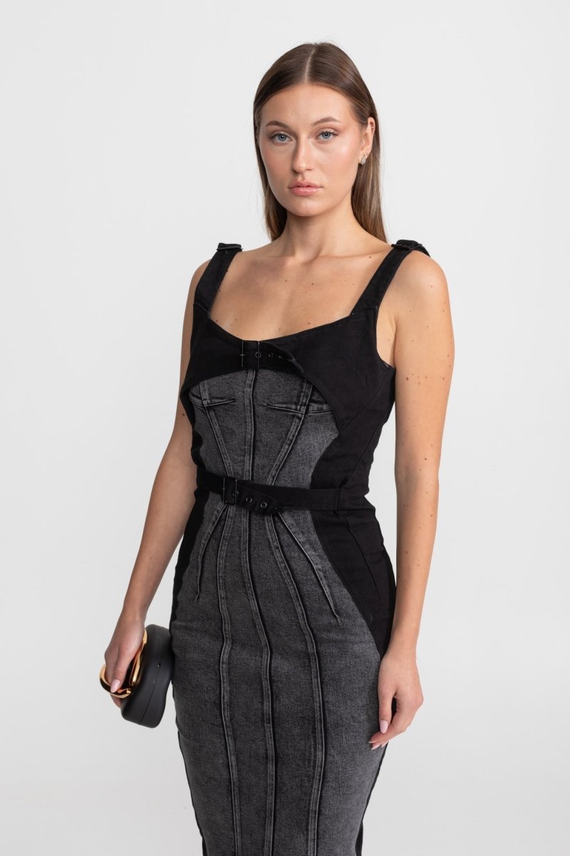 Tokalı Kemerli Panelli Denim Midi Elbise - Phentora