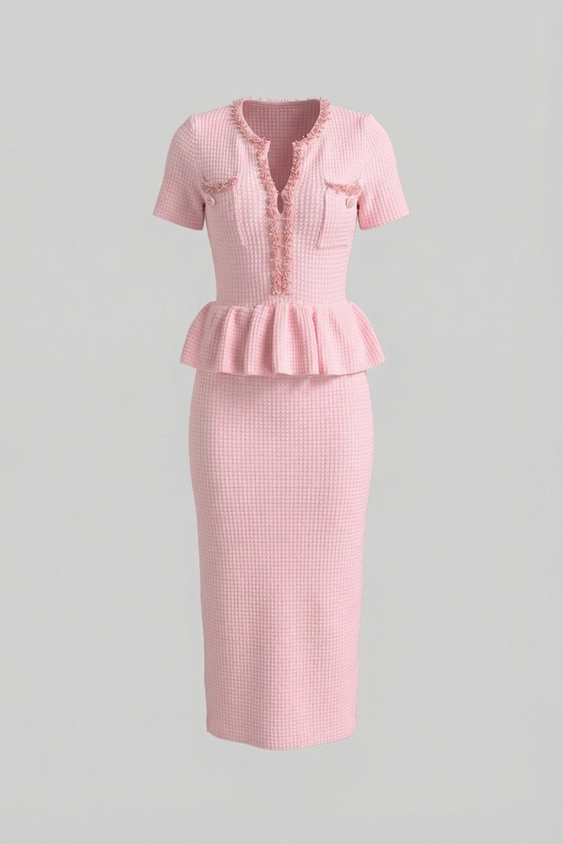 Peplum Bel Detaylı Dokulu Örgü Midi Elbise - Phentora