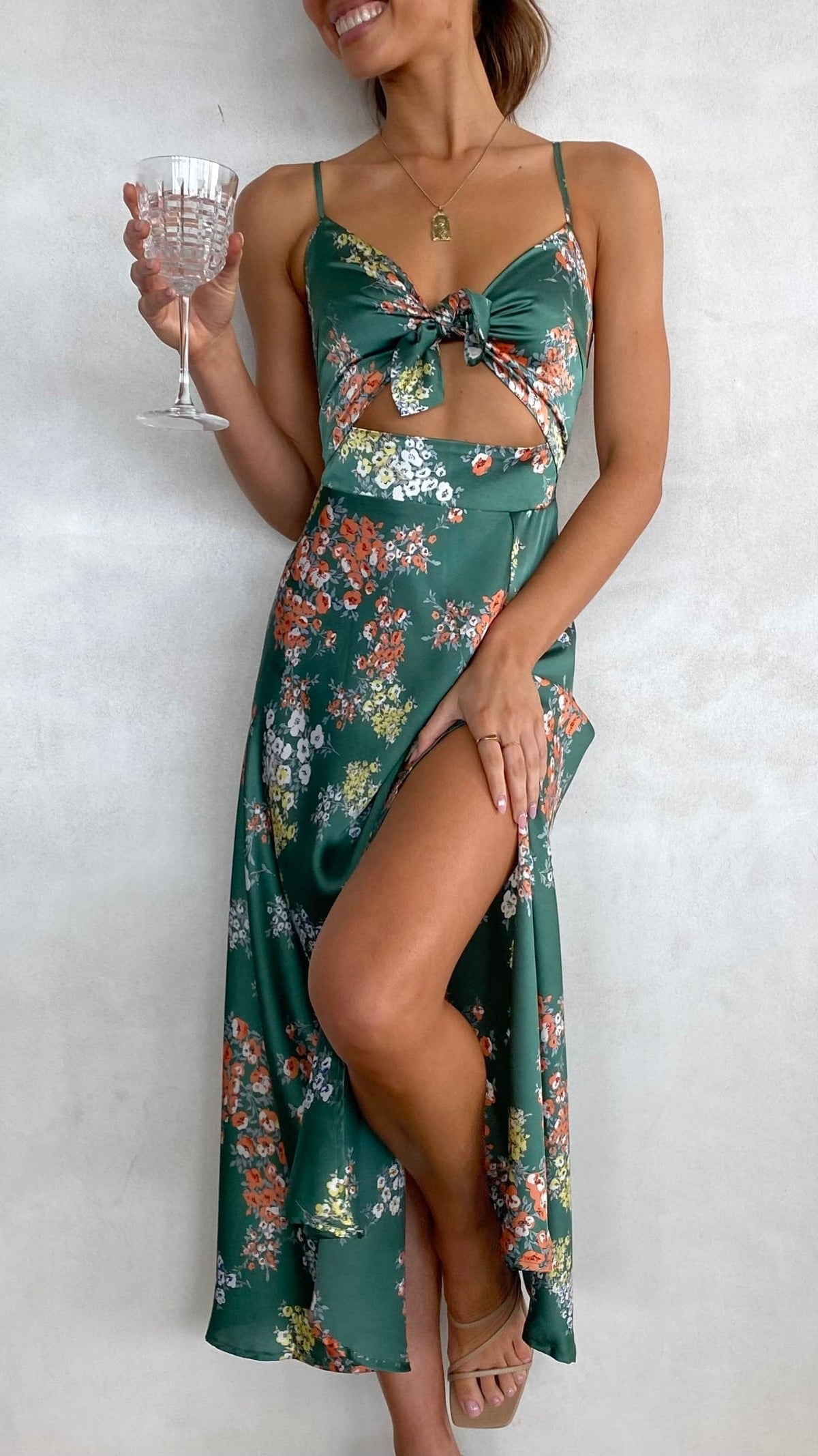 Dreamers Midi Elbise - Yeşil Çiçek Desenli