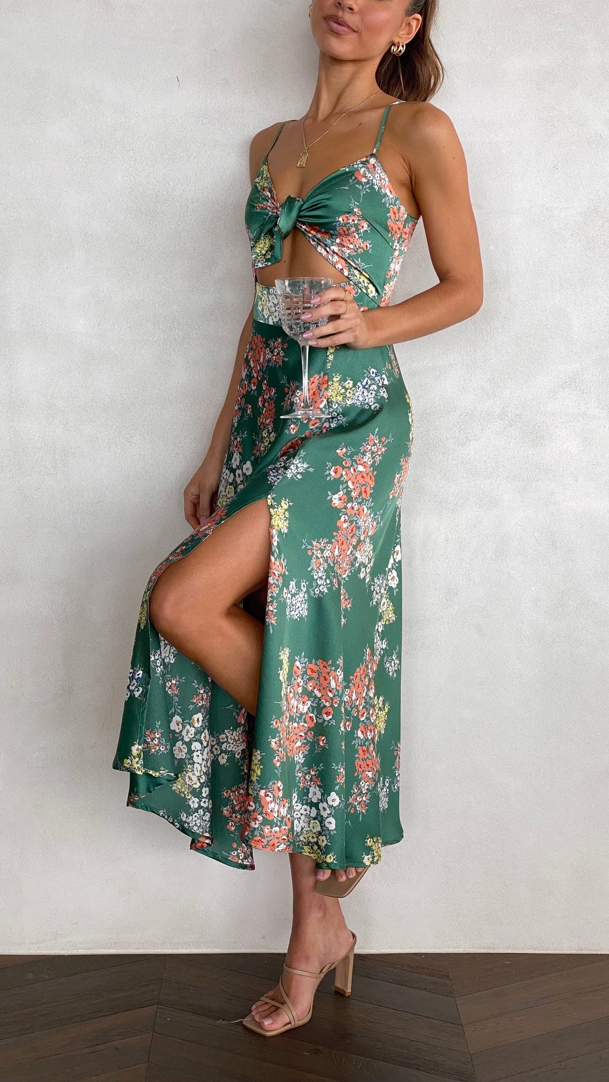 Dreamers Midi Elbise - Yeşil Çiçek Desenli