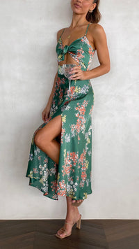 Dreamers Midi Elbise - Yeşil Çiçek Desenli