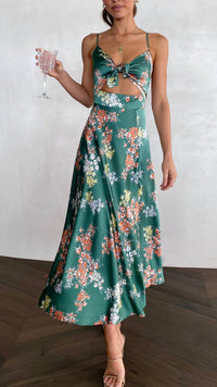 Dreamers Midi Elbise - Yeşil Çiçek Desenli