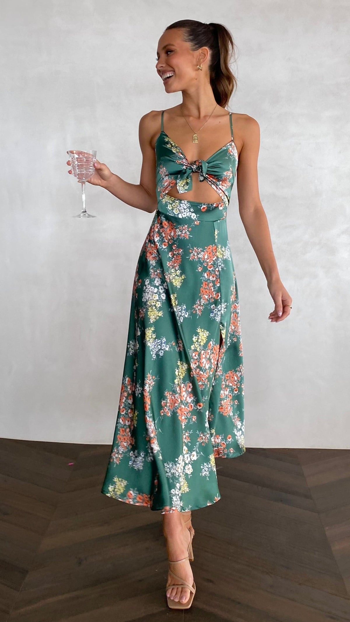 Dreamers Midi Elbise - Yeşil Çiçek Desenli