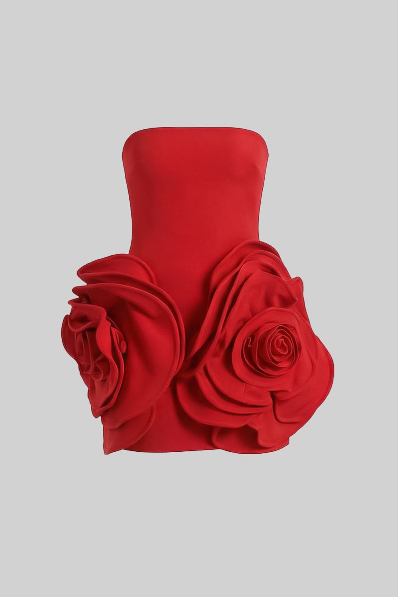 3D Çiçek Aplikeli Straplez Heykelimsi Mini Elbise - Phentora