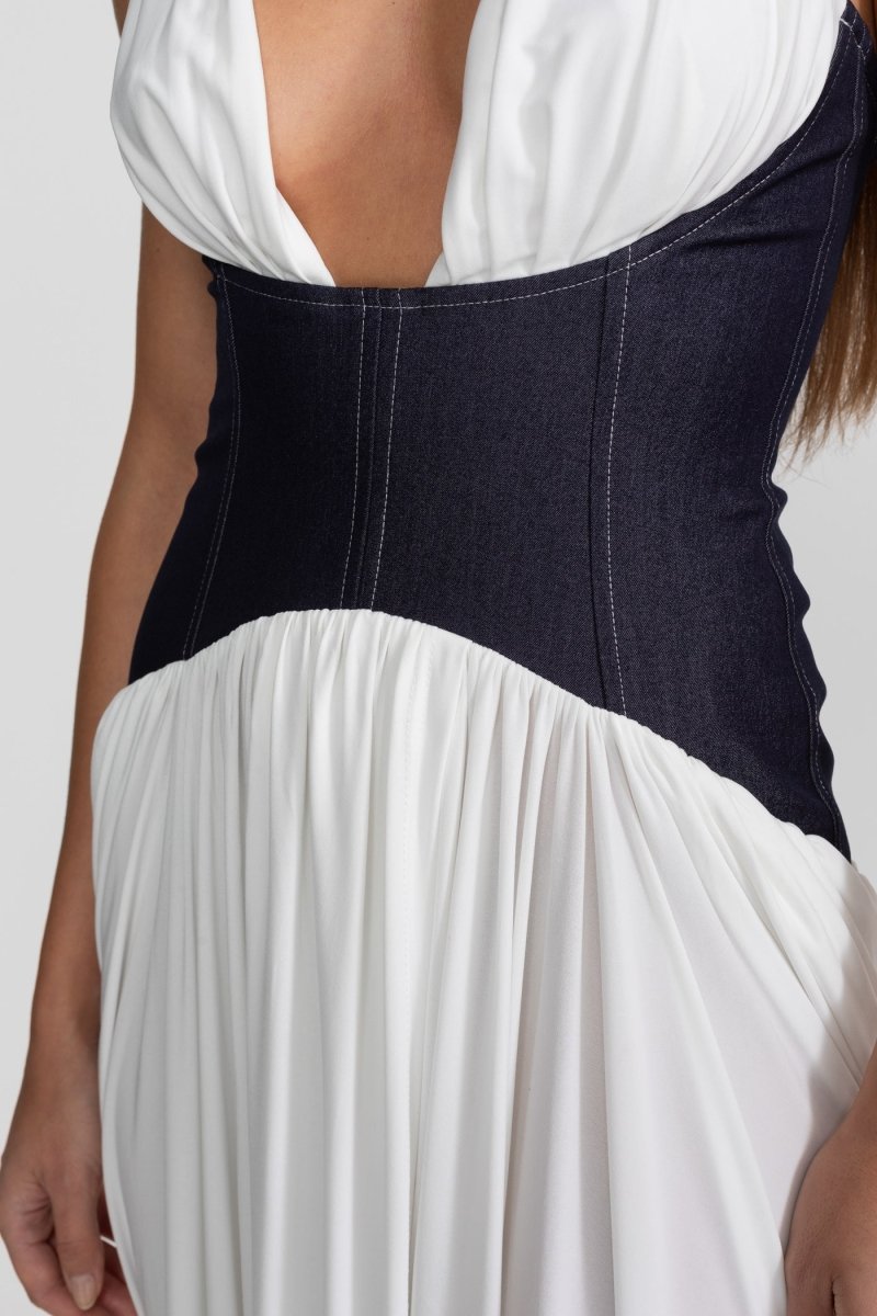 Denim Korse Bel Detaylı Halter Yaka Maksi Elbise - Phentora