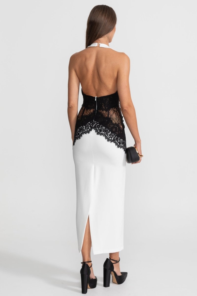Kontrast Dantel Panelli Halter Yaka Maksi Elbise - Phentora