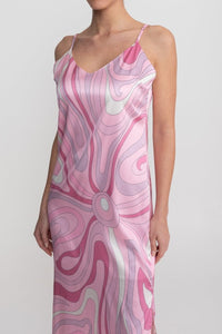 Soyut Kıvrımlı Desenli Baskılı Askılı Midi Elbise - Phentora