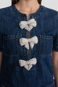 Parıldayan Fiyonklarla Süslenmiş Denim Mini Elbise - Phentora