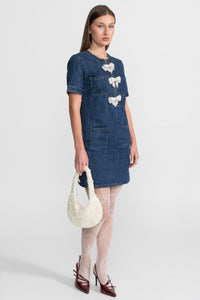 Parıldayan Fiyonklarla Süslenmiş Denim Mini Elbise - Phentora