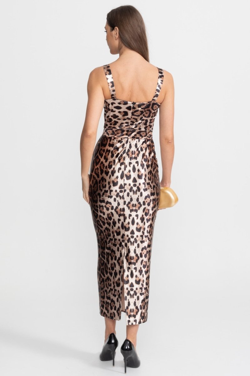 Leopar Desenli Saten Midi Elbise - Phentora