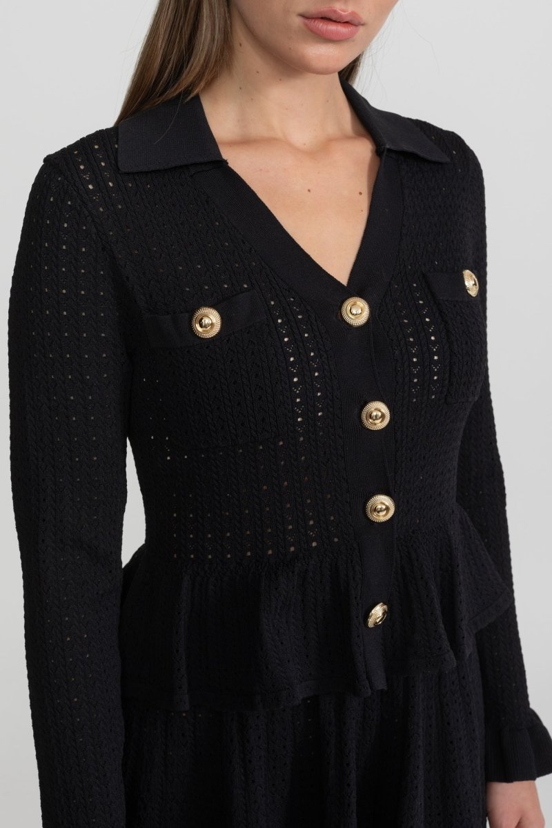 Peplum Bel Detaylı ve Altın Düğmeli Örgü Mini Elbise - Phentora
