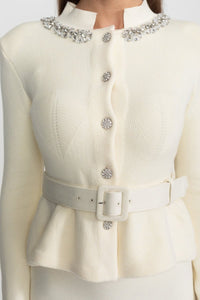 Peplum Bel Detaylı ve Kristal Yakalı Midi Elbise - Phentora