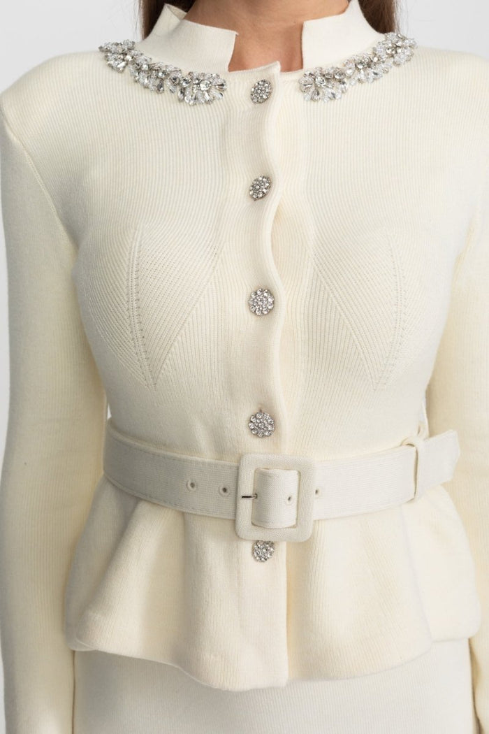 Peplum Bel Detaylı ve Kristal Yakalı Midi Elbise - Phentora