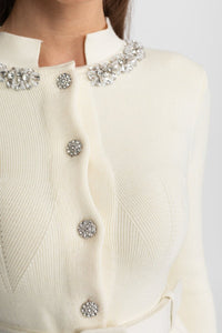 Peplum Bel Detaylı ve Kristal Yakalı Midi Elbise - Phentora