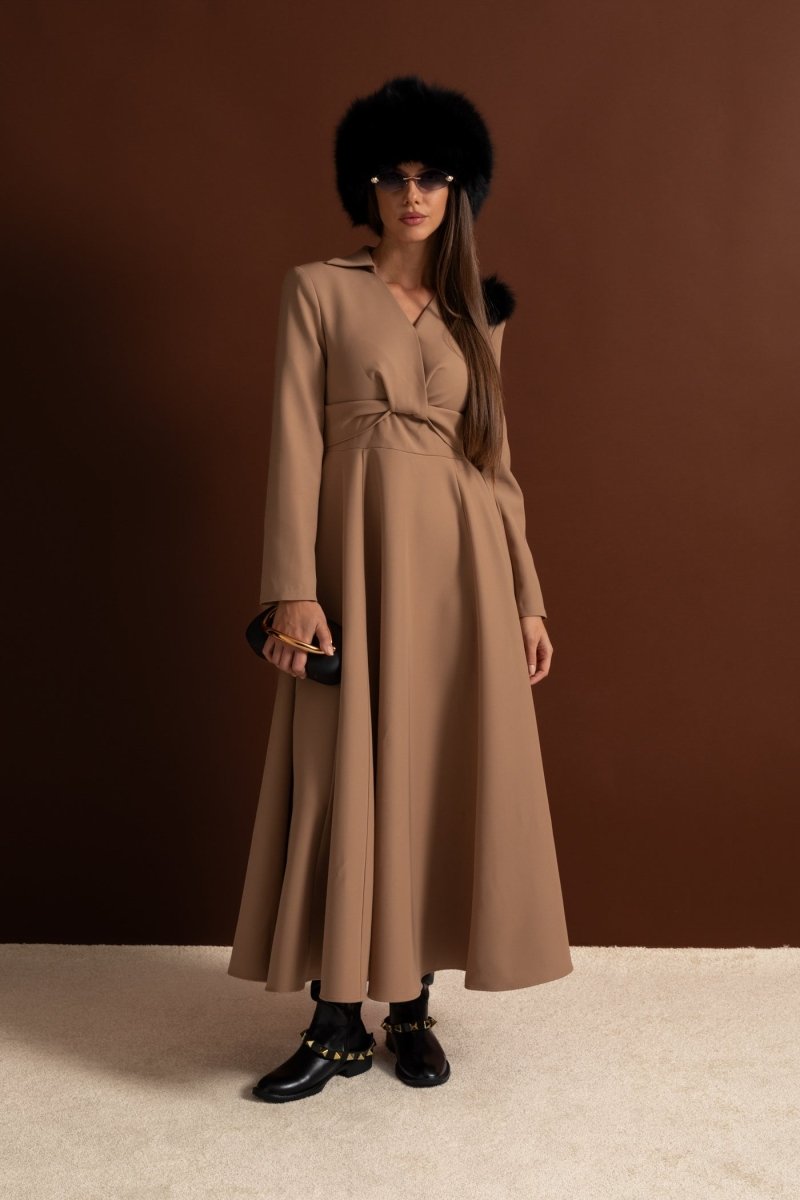 Kollu Elbise Düğüm Detaylı – Camel - Phentora