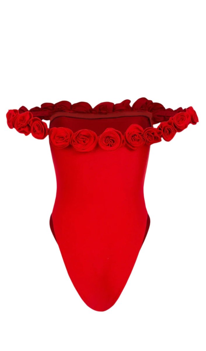 3D Çiçek Straplez Body - Kırmızı - Phentora